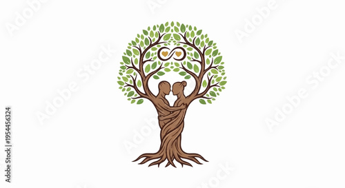 Entwined tree with two brown trunks and green leaves on white background symbolizing unity and harmony