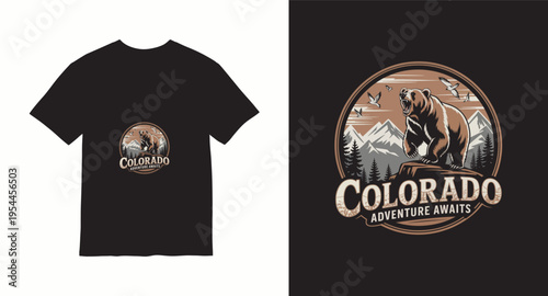 Colorado adventure awaits, grizzly bear roaring on mountain cliff with flying birds, t-shirt design concept