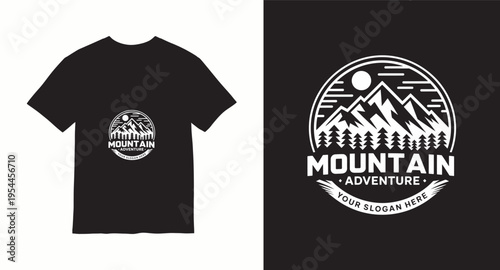 Mountain adventure your slogan here circular emblem with sun and trees
