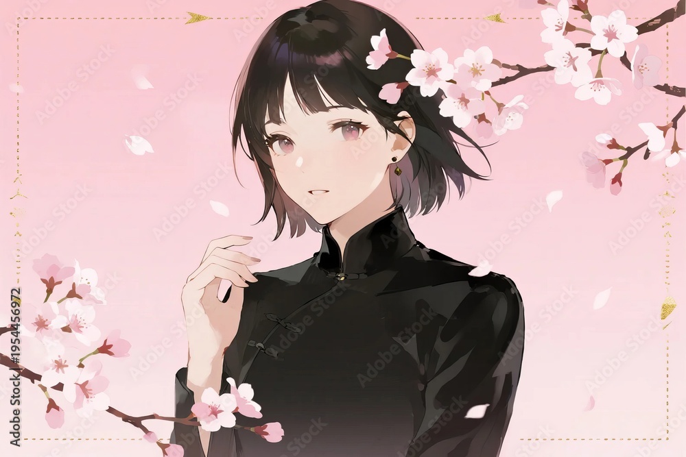 Fototapeta premium Elegant anime girl in a black qipao surrounded by falling cherry blossoms representing grace and cultural beauty