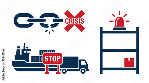 Supply chain crisis and logistics stop icons featuring broken chain cargo ship truck and shelf