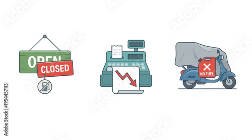 Open closed sign, cash register with declining chart, and scooter with no fuel