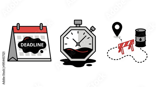 Industrial deadline and logistics delay concept with calendar stopwatch and obstacle symbols