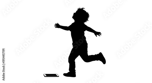 Silhouette of Child Running Away from Smartphone Concept of Digital Detox