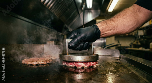 Canvas Print Chef Pressing Smash Burger Patty on Commercial Griddle