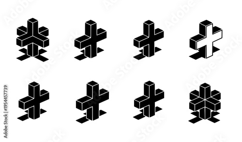 Grid-based dimensional cross icon pack vector set with shadows, depth, and perspective