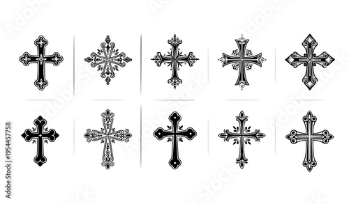 Grid-based decorative cross icon pack vector set with floral, filigree, and vintage designs