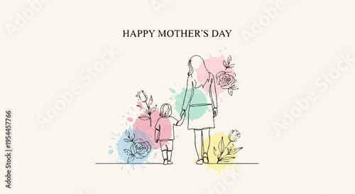 Mother and children celebrate happy mother's day with colorful flowers and gifts