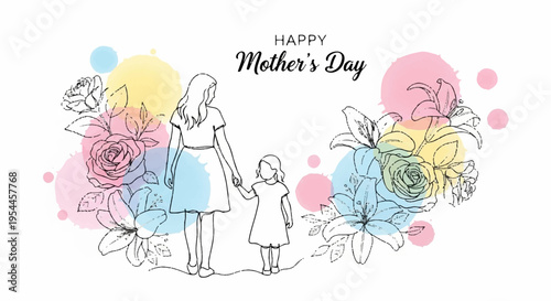 Happy mother's day illustration of mom and child holding hands surrounded by colorful flowers