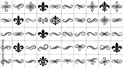 Assortment of black decorative swirls fleur de lis and infinity symbols on a white background flourish