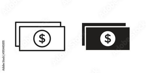 Cash icon symbol. Vector outline drawing. Editable stroke.