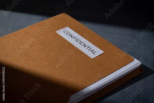 Foto Brown manila folder with a CONFIDENTIAL label on a dark surface
