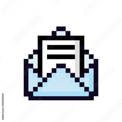 Pixel art open envelope with a message, symbolizing digital communication, new email notification, or vintage online correspondence in an 8-bit style