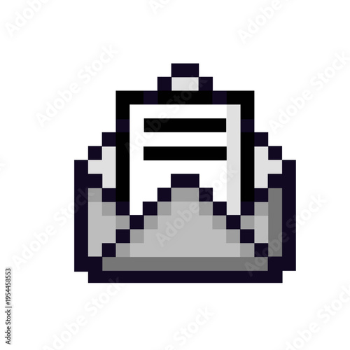 Retro pixel art illustration of an open email envelope with a new message inside, representing digital communication, inbox notifications, and important incoming correspondence