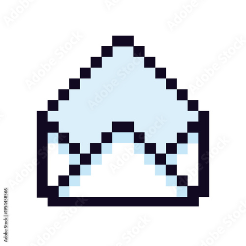 Retro pixel art icon of an open envelope, symbolizing a new message or mail notification, with a classic digital aesthetic for various communication interface designs for web and app development