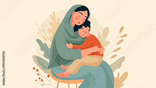 Vector illustration of a mother hugging a child