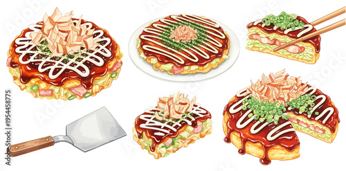 お好み焼きとカット断面のセット｜和食 日本料理 鉄板料理 ソース マヨネーズ 屋台グルメ 大阪名物