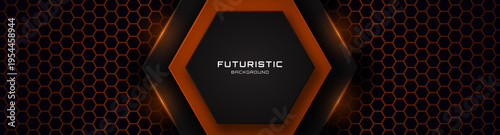 3D black orange techno abstract background overlap layer on dark space with hexagons effect decoration. Modern graphic design element cutout style concept for web, flyer, card, or brochure cover