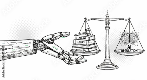 Robotic hand balancing books and ai brain on scales symbolizing knowledge and technology