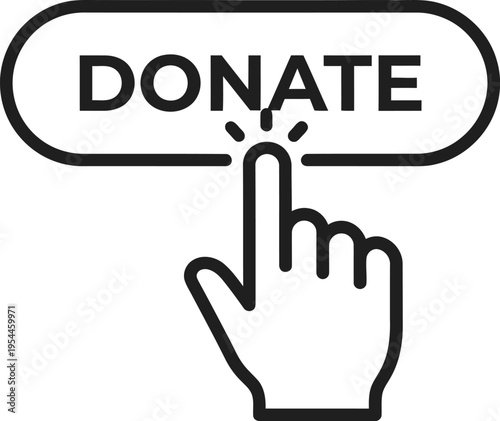 Hand cursor clicking 'Donate' button vector icon for charity and fundraising