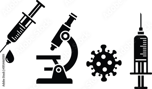 Medical Science Silhouette Icon Illustration — Syringe Microscope Virus Particle Vaccination Research Public Health and Laboratory Theme Artwork for Stock Art Success