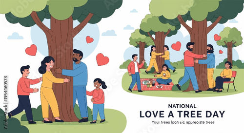 People embracing tree on national love a tree day with hearts and family bonding in park