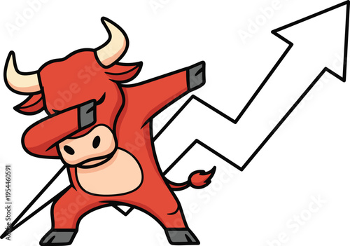 Cartoon bull with upward arrow vector illustration design graphic, finance stock market growth art concept, colorful decorative creative collection