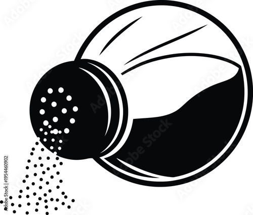 Simple black and white vector graphic illustration showing a spice shaker dispensing seasoning onto an unseen surface below in a minimalist style.