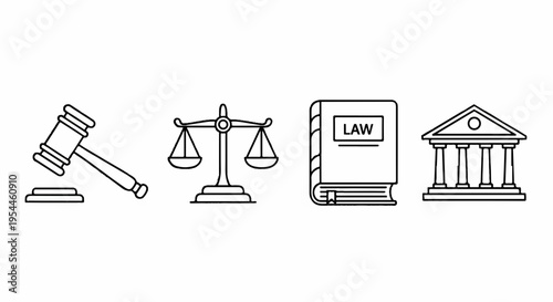 Law and justice symbols including gavel scales law book and courthouse building icons