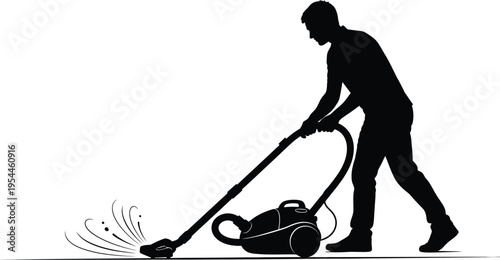 Silhouette vector illustration depicts a man diligently using a canister vacuum cleaner to clean dust and dirt from the floor surface effectively