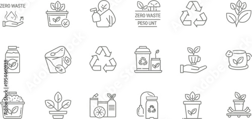 Collection of minimal line icons illustrating various concepts related to sustainability zero waste lifestyle and environmental protection