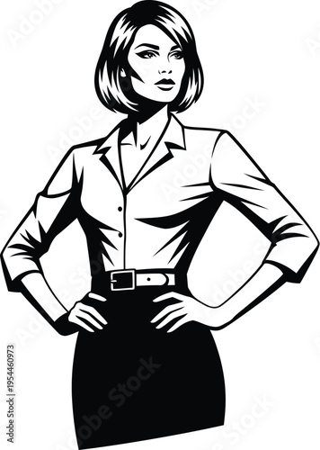 Assertive black and white vector illustration design of a confident businesswoman standing with hands on hips posing strongly