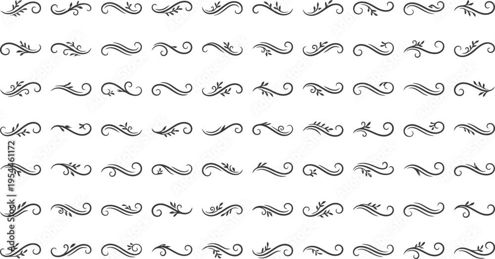Obraz premium Grid of 50 black decorative vine and leaf flourishes on a white background ornament