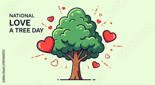 National love a tree day illustration with cartoon tree and hearts on green background