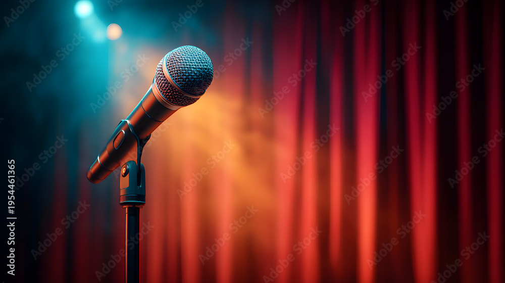 Obraz premium Microphone on stage with red curtain background performance music concert entertainment show concept