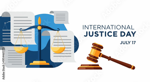 International justice day illustration with gavel and scales on legal documents july 17
