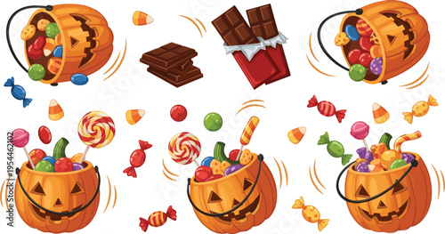 Halloween pumpkin candy bucket set with sweets, chocolates and colorful treats, festive jack o lantern containers vector illustration isolated on white background