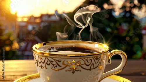 Steaming Cup of Coffee at Sunset.