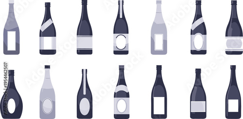 Wine bottle silhouettes set with various shapes and label styles, minimal monochrome beverage packaging vector illustration isolated on white background