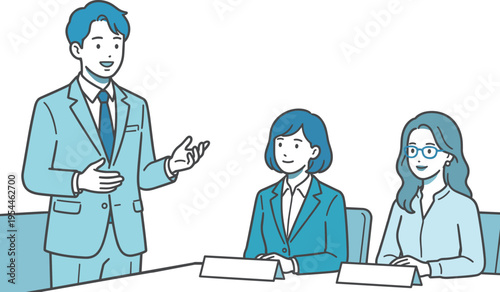 面接で自己PRをする男性と面接官のビジネスイラスト