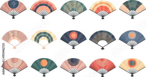 Abstract folding hand fan set with geometric patterns and modern color palettes, decorative oriental style vector illustration isolated on white background