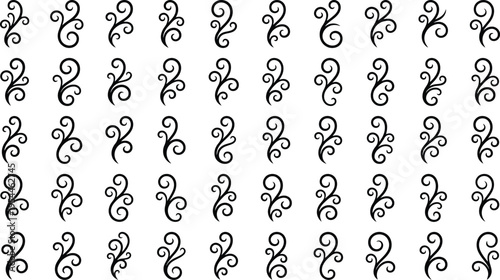 Repeating Pattern of Black Swirly Ornaments on White Background flourish decorative