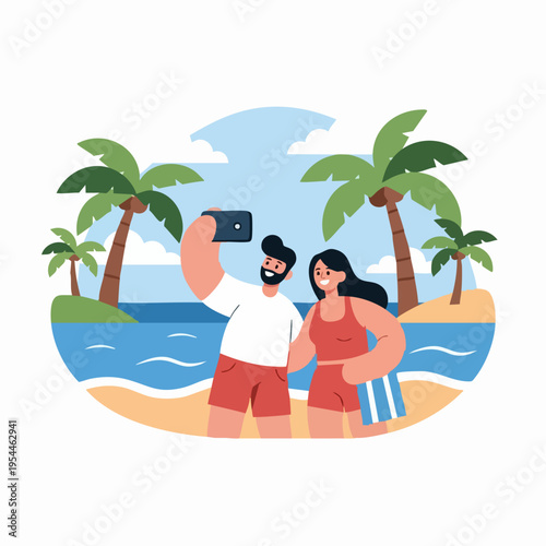 Couple taking a selfie on a tropical beach with palm trees and ocean in the background.
