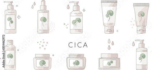 Cica skincare cosmetic packaging set with centella asiatica labels, bottles, tubes and jars minimal beauty product vector illustration isolated on white background