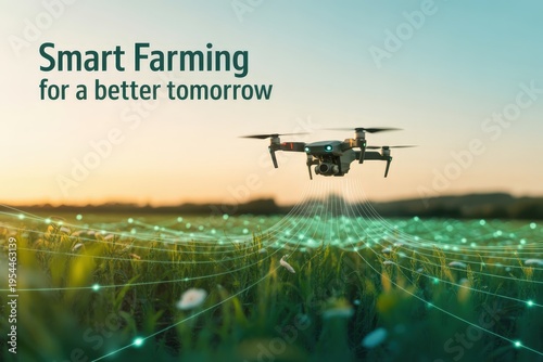 Celebrating innovation in agricultural technology with drones flying over green fields at sunset. Agricultural technology