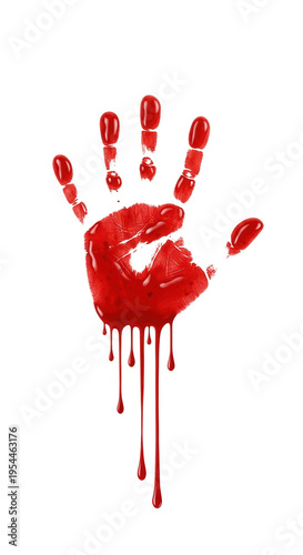 A red hand print with blood dripping from it isolated on transparent background