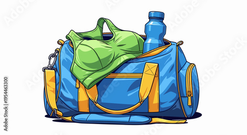 A blue and yellow gym bag with a green bag and water bottle.