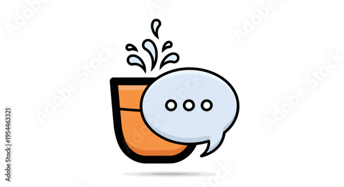 Cartoon coffee cup with speech bubble.