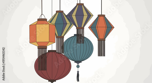 Colorful hanging lanterns in various shapes.