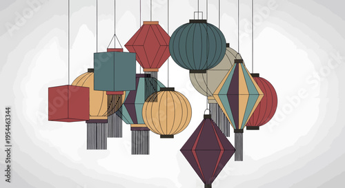Colorful hanging paper lanterns in various shapes.